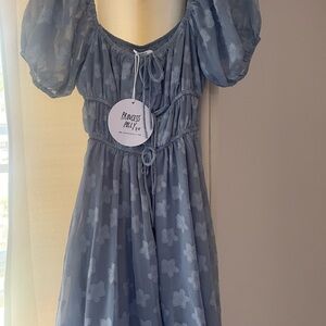 Princess Polly White and Blue Ruched Puff Sleeve Sundress